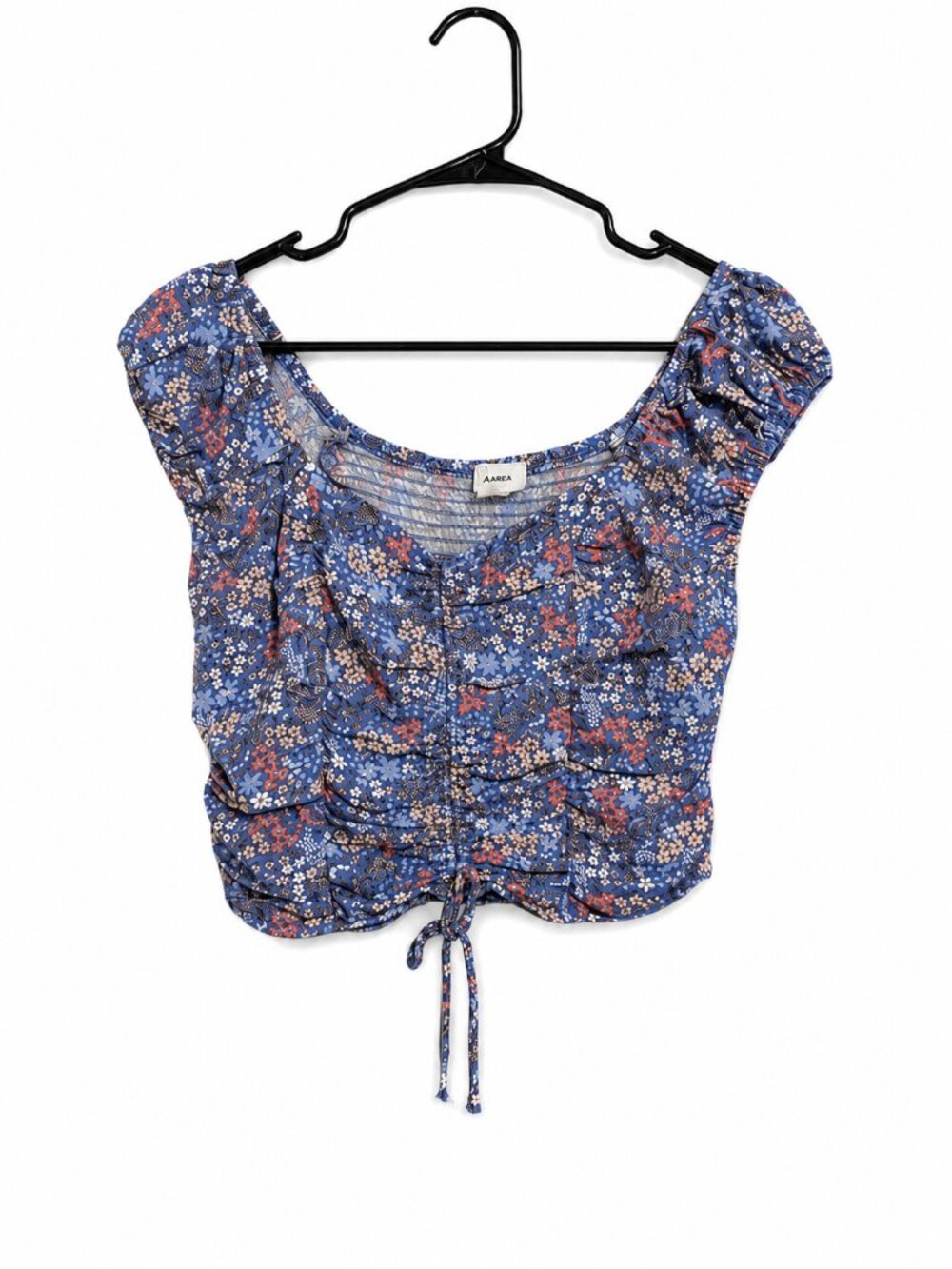 Jopna Blue Floral Ruched Crop Top Medium Puff Sleeve